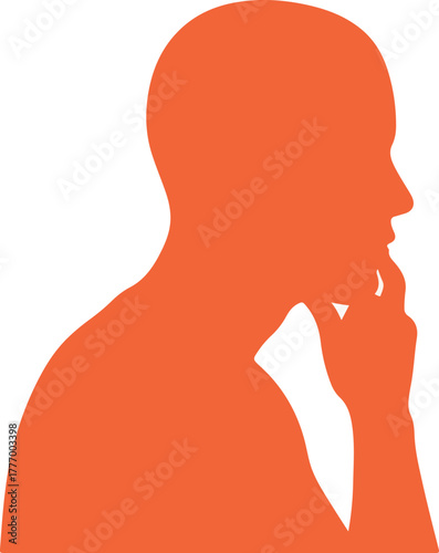 Orange Silhouette Profile Man Thinking With Hand On Chin Isolated