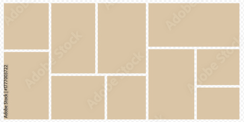 6 photos collage frame, Templates collage photos frame. Multicolored empty photo frames with adhesive tape in a row. Six square photo cards with white border. Vector illustration. 