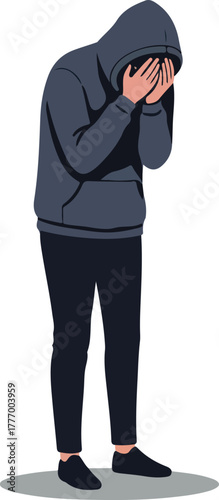 Person in Dark Hoodie Hiding Face in Hands Pixel Art Style