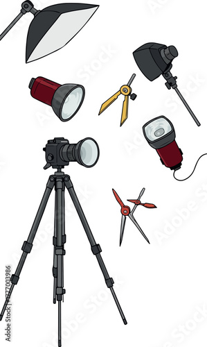 Photography Studio Equipment Set with Camera on Tripod and Lighting Gear