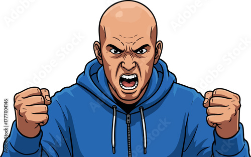 Pixel Art Angry Man In Blue Hoodie Shouting With Fists Raised