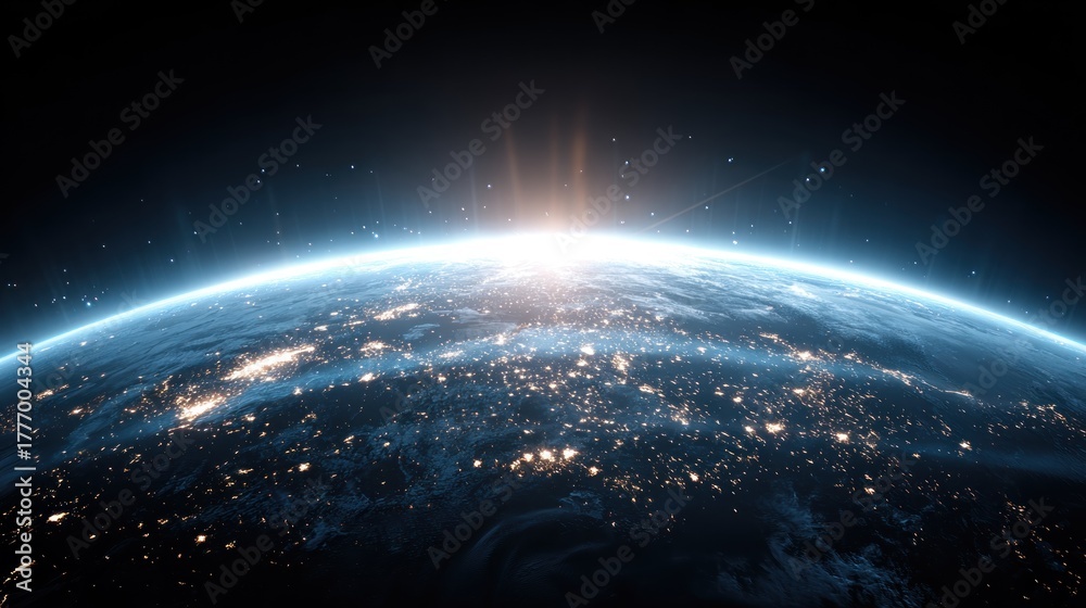 Obraz premium The Earth's horizon with a bright sun shining through the clouds, illuminated by the Earth's atmosphere.
