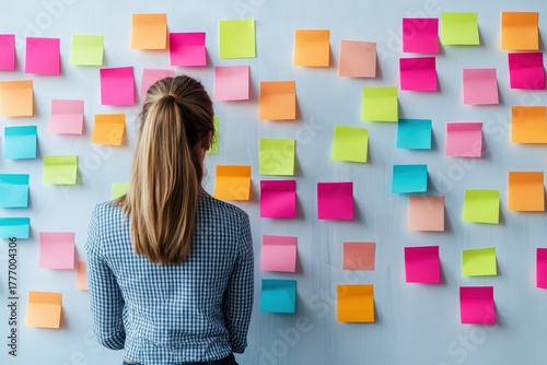 Woman organizing ideas and tasks on a whiteboard using various colored sticky notes for brainstorming and teamwork