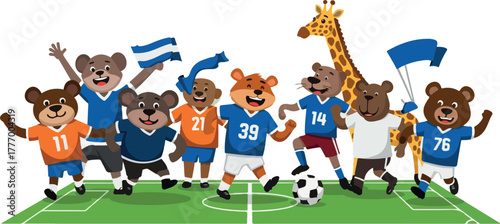 Pixel Art Bears Play Soccer on Green Field with Giraffe