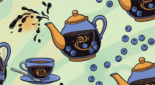 Pixel Art Blueberry Tea Pattern With Pouring Teapot And Cup