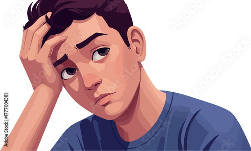 Pixel Art Boy Feeling Sad With Hand On Forehead Blue TShirt