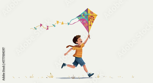 Pixel Art Boy Running Flying Colorful Kite White Background Isolated