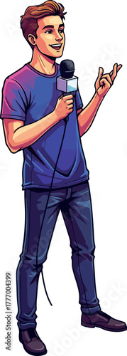 Pixel Art Broadcaster Talking Holding Microphone Blue Shirt Jeans Isolated