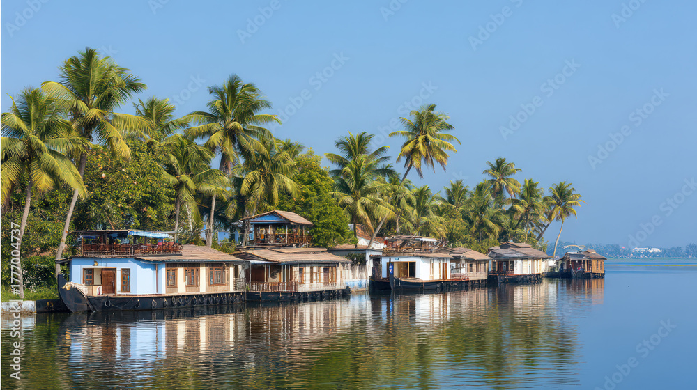 custom made wallpaper toronto digitalScenic Kerala Backwaters with Houseboats and Palm Trees on a Sunny Day, Alleppey, India - Tranquil Tropical Travel Destination with Reflections on Water
