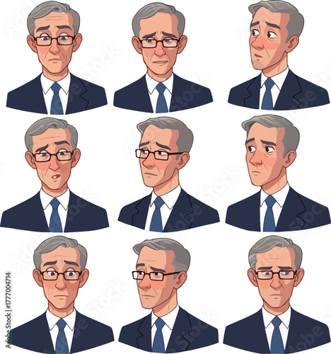 Pixel Art Businessman Character Diverse Emotions And Poses Dark Suit