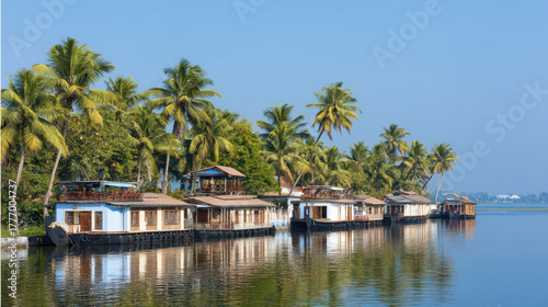 Scenic Kerala Backwaters with Houseboats and Palm Trees on a Sunny Day, Alleppey, India - Tranquil Tropical Travel Destination with Reflections on Water