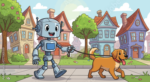 Friendly robot companion happily walking beloved dog down charming suburban street on sunny day
