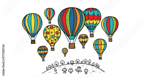 Colorful Hot Air Balloons Ascending Over a Hillside with Stick Figures and Trees