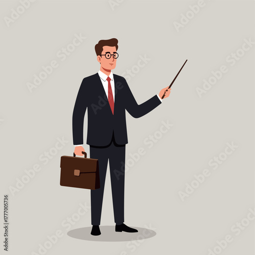 Pixel Art Businessman Pointer Stick Briefcase Dark Suit Red Tie Glasses