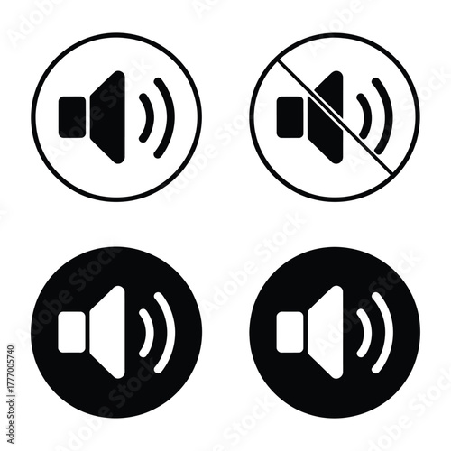 Set of four speaker volume icons in black and white
