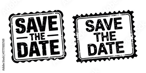 Grunge vintage stamp vector design with Save The Date typography, rough textured print label set for wedding invitations, celebration cards, and decorative graphic projects