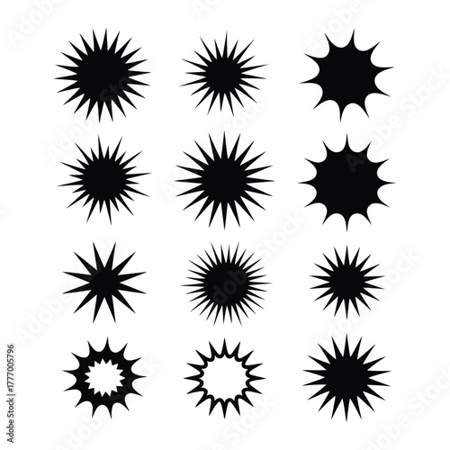 Collection of diverse black starburst and sunburst shapes