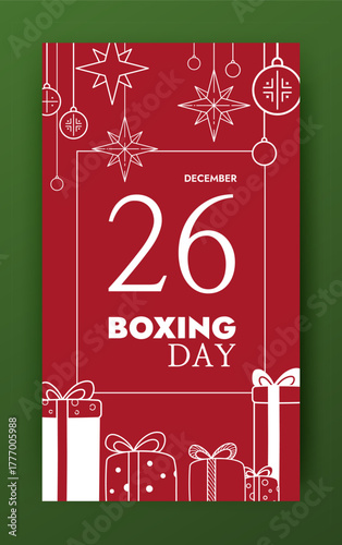 Boxing day vector vertical banner template. Social media story design. Holiday sale promo. Cute winter contour layout. Christmas ornaments, big wrapped gift boxes ribbon tied. Funny festive ads mockup