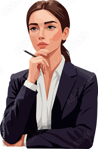 Pixel Art Businesswoman In Dark Suit Thinking Holding Pen White Shirt Isolated