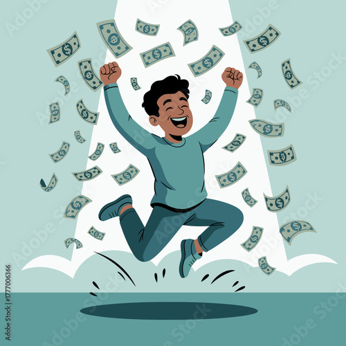A joyful child leaps with his arms raised as money cascades around him, showcasing exuberance, luck, and the essence of childhood delightfulness in a vivid setting.
