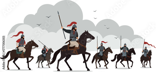 Pixel Art Cavalry Marching Horses Medieval Warriors Grey Clouds