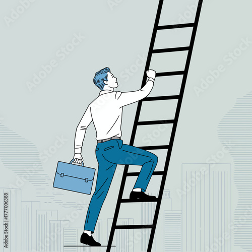 An individual climbs a tall ladder while holding a briefcase, representing professional growth, ambition, and the pursuit of success in a contemporary urban atmosphere.