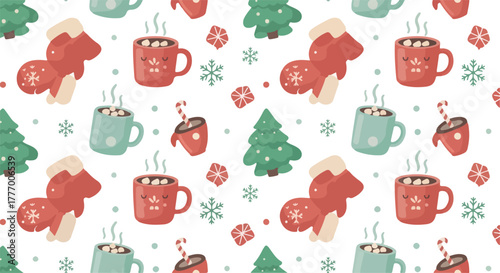 Pixel Art Christmas Pattern Cute Mugs Hot Chocolate and Stockings White Background