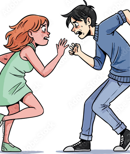 Pixel Art Couple Arguing Angrily Blue Jeans Green Dress White Background