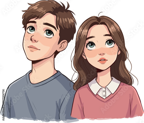 Pixel Art Couple Looking Up with Soft Eyes and Casual Outfits