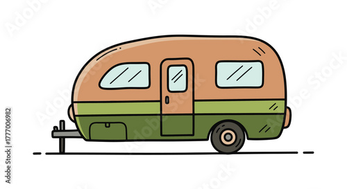 Cartoon Travel Trailer RV Camper with Windows and Door, Isolated on White