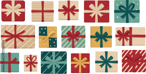 Pixel Art Gift Boxes Flat Design Isolated Objects Red Blue Yellow Green Ribbons