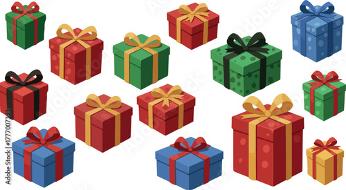 Pixel Art Gift Boxes Red Blue Green Yellow Ribbon Isolated White Background