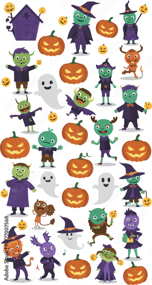 Fototapeta premium Pixel Art Halloween Characters and Pumpkins Flat Design Vector Illustration