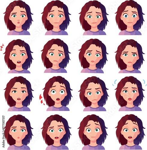 Pixel Art Girl Expressions Set Purple Top Flat Illustration