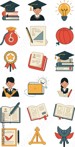 Pixel Art Graduation Education Icons Set Lightbulb Book Bag