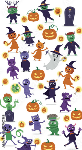 Pixel Art Halloween Characters and Pumpkins on White Background