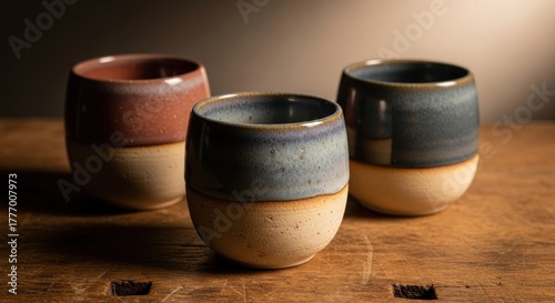 Three handcrafted ceramic mugs on a wooden surface.  Soft lighting highlights the subtle color gradients and unique textures