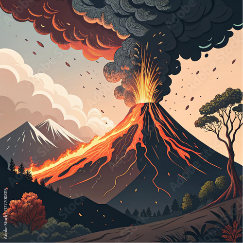 A powerful volcano erupts, sending molten lava down its slopes