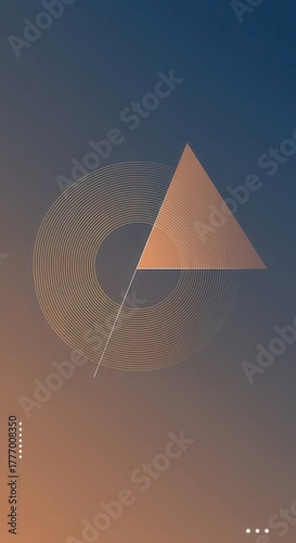 Minimalist geometric design features a copper triangle overlaid on concentric circles against a vertical blue and orange gradient background