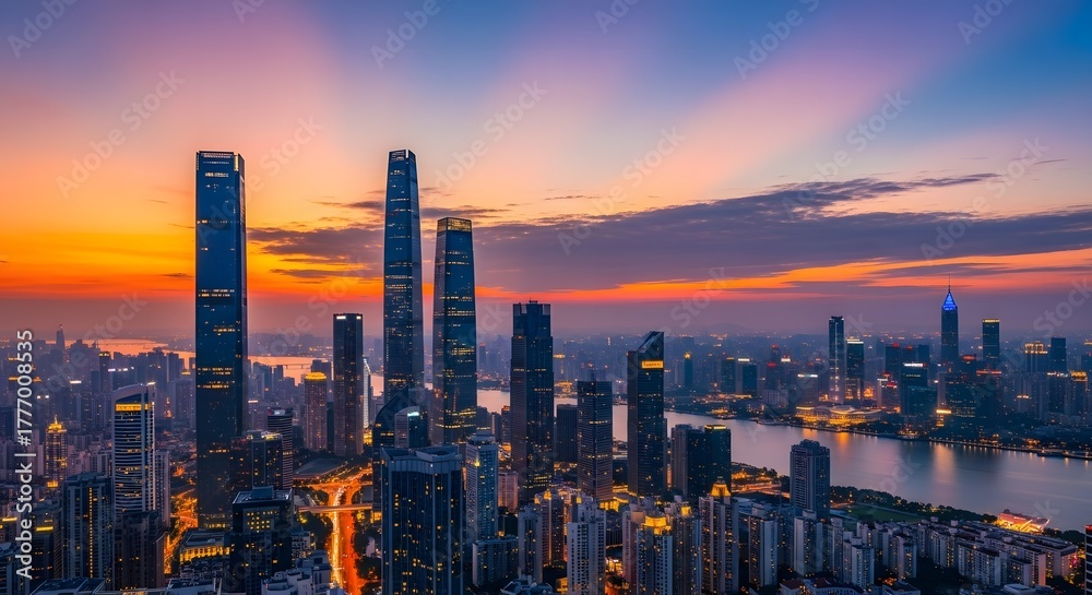 Fototapeta premium Cityscape at dusk featuring tall skyscrapers and a vibrant sunset sky with light rays shining through