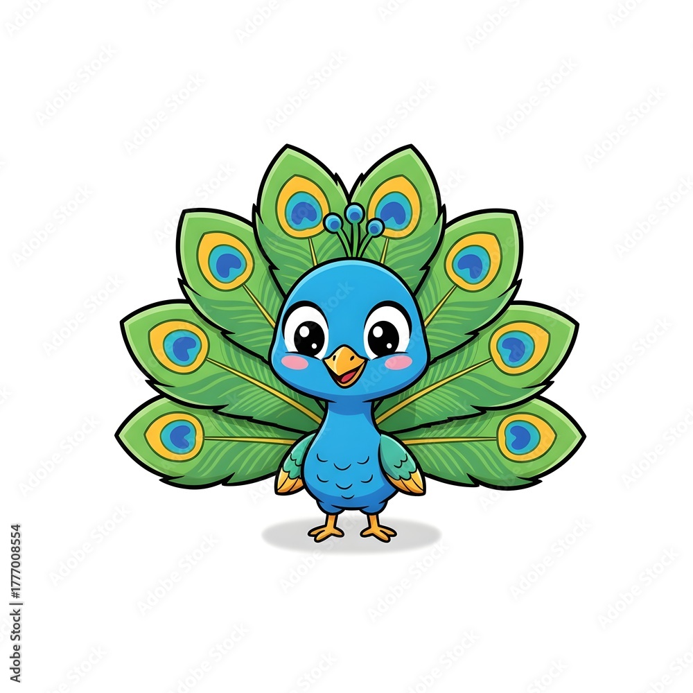 Naklejka premium Cute Cartoon Peacock with Small Displaying Feathers