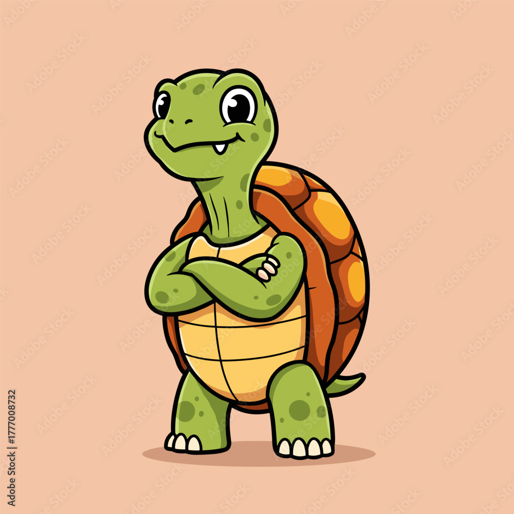 Fototapeta premium Cute, confident cartoon turtle mascot standing with crossed arms, smiling widely.