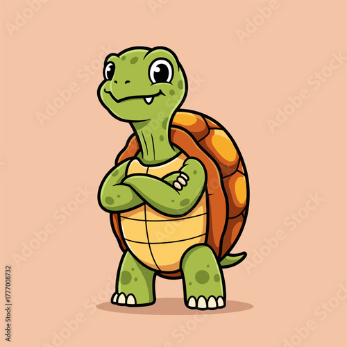 Cute, confident cartoon turtle mascot standing with crossed arms, smiling widely.