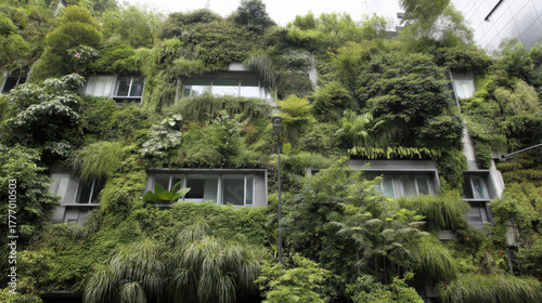 Lush Green Vertical Garden Covering Modern Building Facade with Windows, Sustainable Architecture and Urban Greening Concept, Eco-Friendly Design