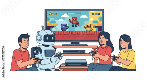 Friends and a robot enjoying vibrant retro video games together for a fun night, illustrating friendship, technology, and leisure in a colorful scene
