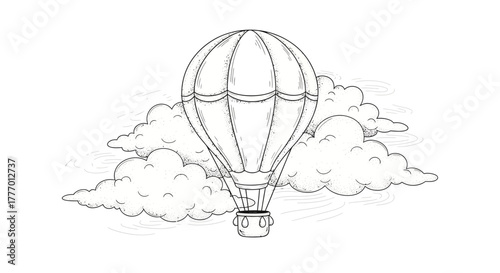 Vintage Hot Air Balloon Floating Above Fluffy Clouds, Retro Travel Adventure