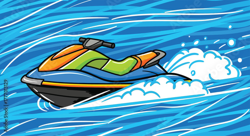 Dynamic illustration of a colorful jet ski speeding through blue wavy water with splashes