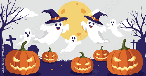 Pixel Art Halloween Ghosts Pumpkins Spooky Cemetery Moon Night Scene