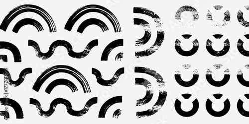 Abstract black and white brush stroke shapes and geometric elements pattern