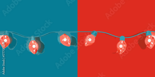Festive string lights with red and blue backgrounds create a vibrant holiday or celebration atmosphere
